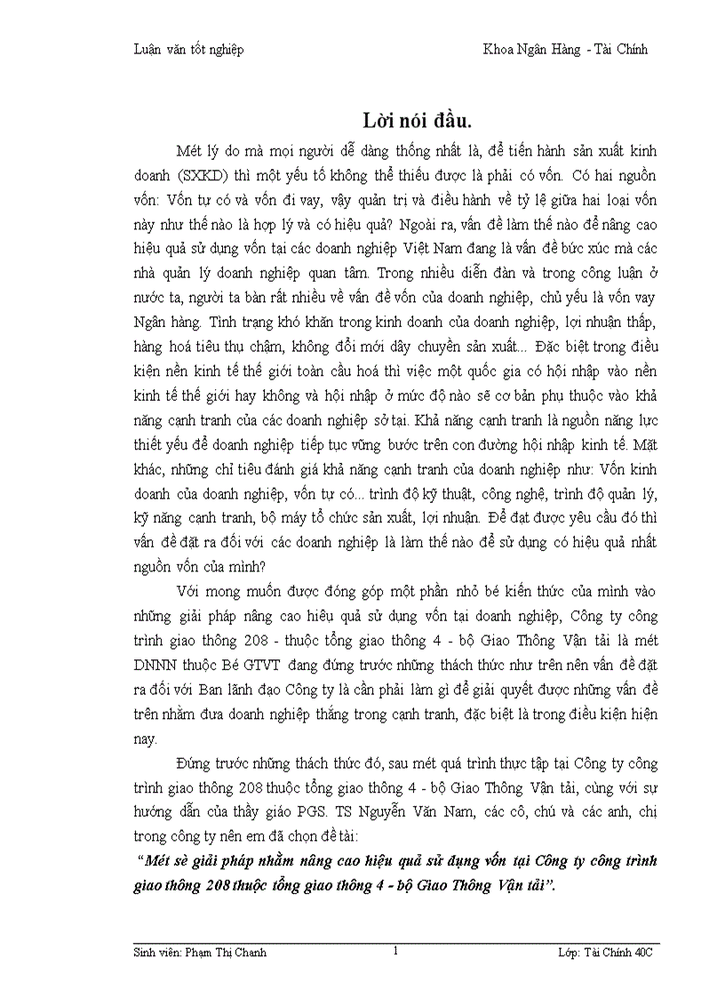 Một số giải pháp nhằm nâng cao hiệu quả sử dụng vốn tại Công ty công trình giao thông 208 thuộc tổng giao thông 4 Bộ Giao Thông Vận tải 1