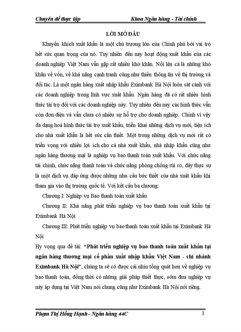 Phát triển nghiệp vụ bao thanh toán xuất khẩu tại ngân hàng thương mại cổ phần xuất nhập khẩu Việt Nam chi nhánh Eximbank Hà Nội 1