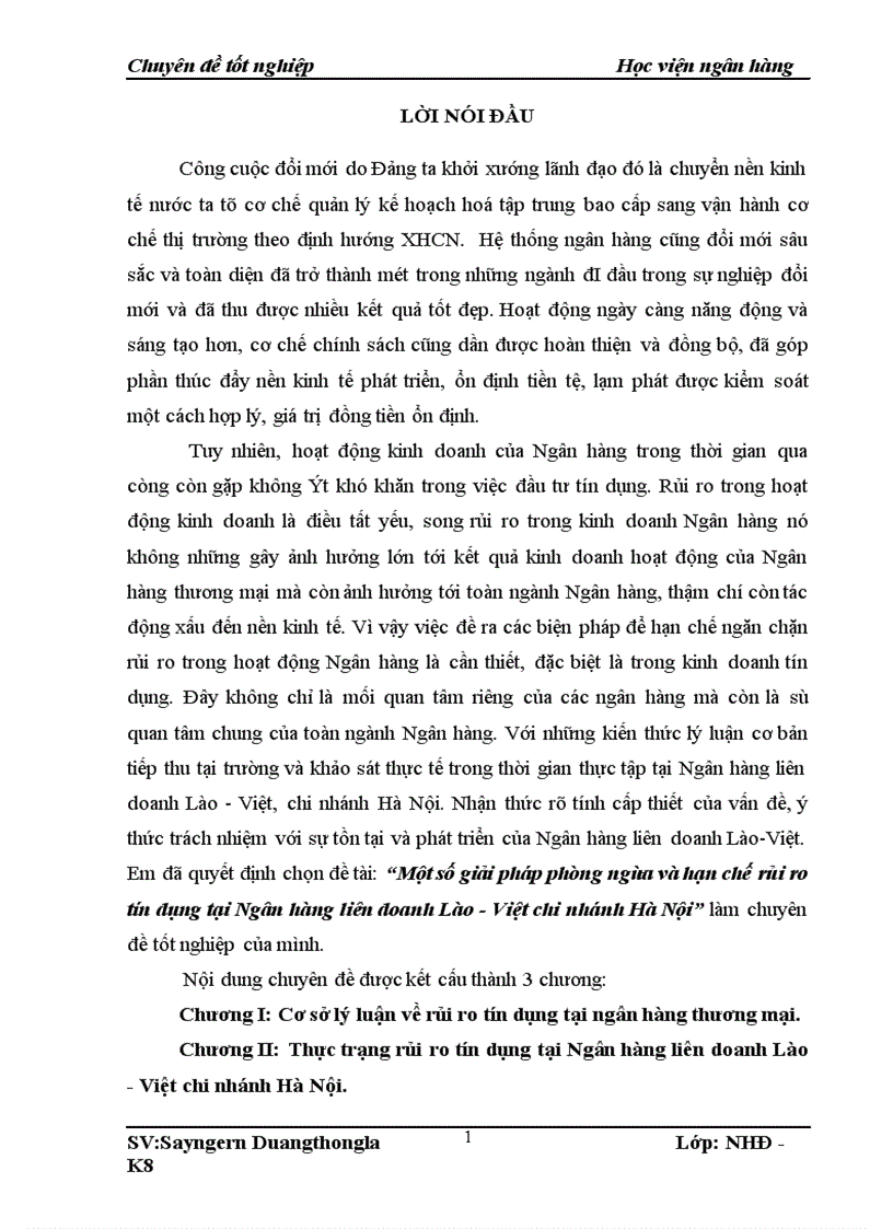 Một số giải pháp phòng ngừa và hạn chế rủi ro tín dụng tại Ngân hàng liên doanh Lào Việt chi nhánh Hà Nội 1