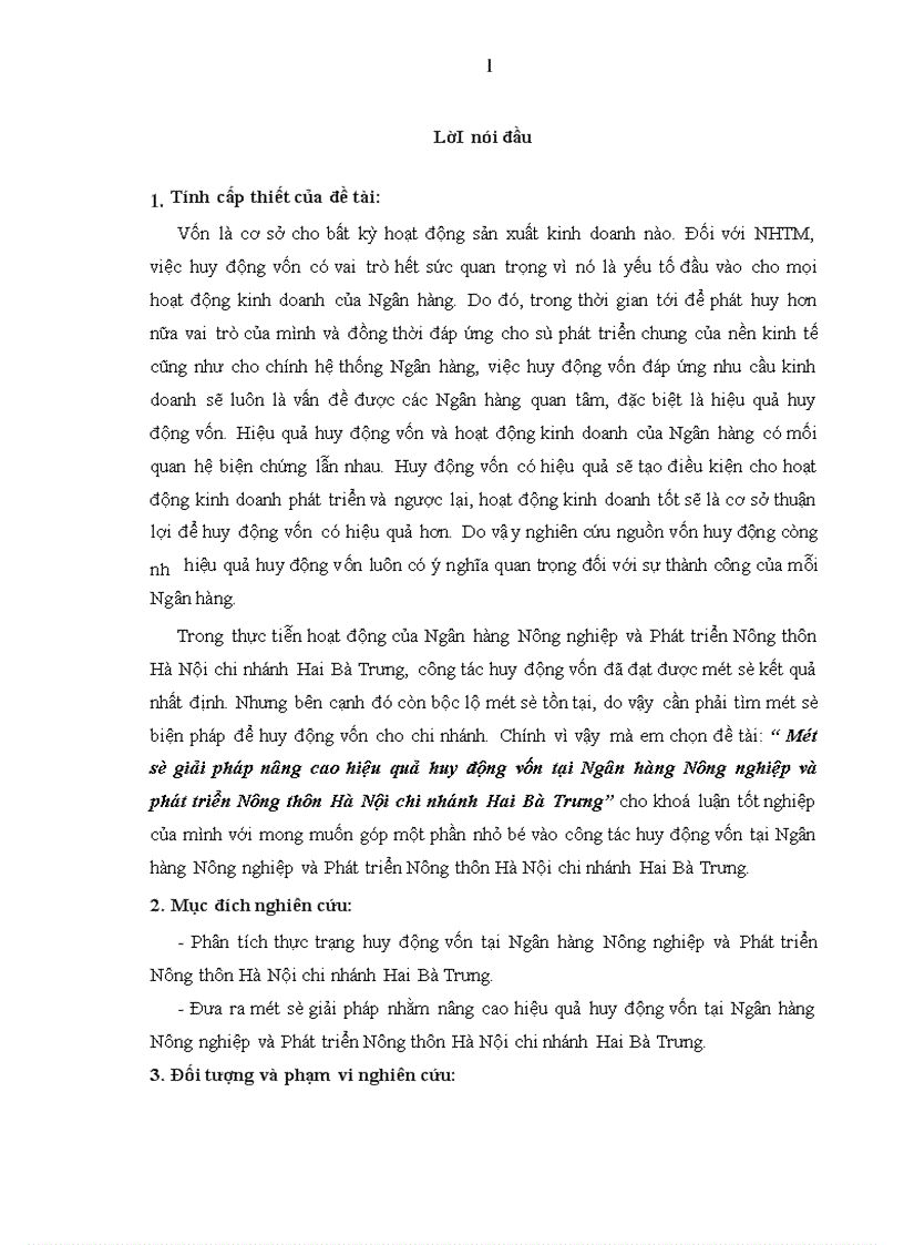 Một số giải pháp nâng cao hiệu quả huy động vốn tại Ngân hàng Nông nghiệp và phát triển Nông thôn Hà Nội chi nhánh Hai Bà Trưng 1