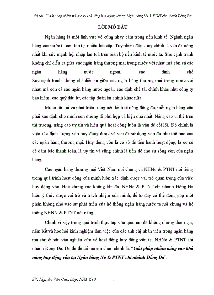 Giải pháp nhằm nâng cao khả năng huy động vốn tại Ngân hàng No PTNT chi nhánh Đống Đa 1