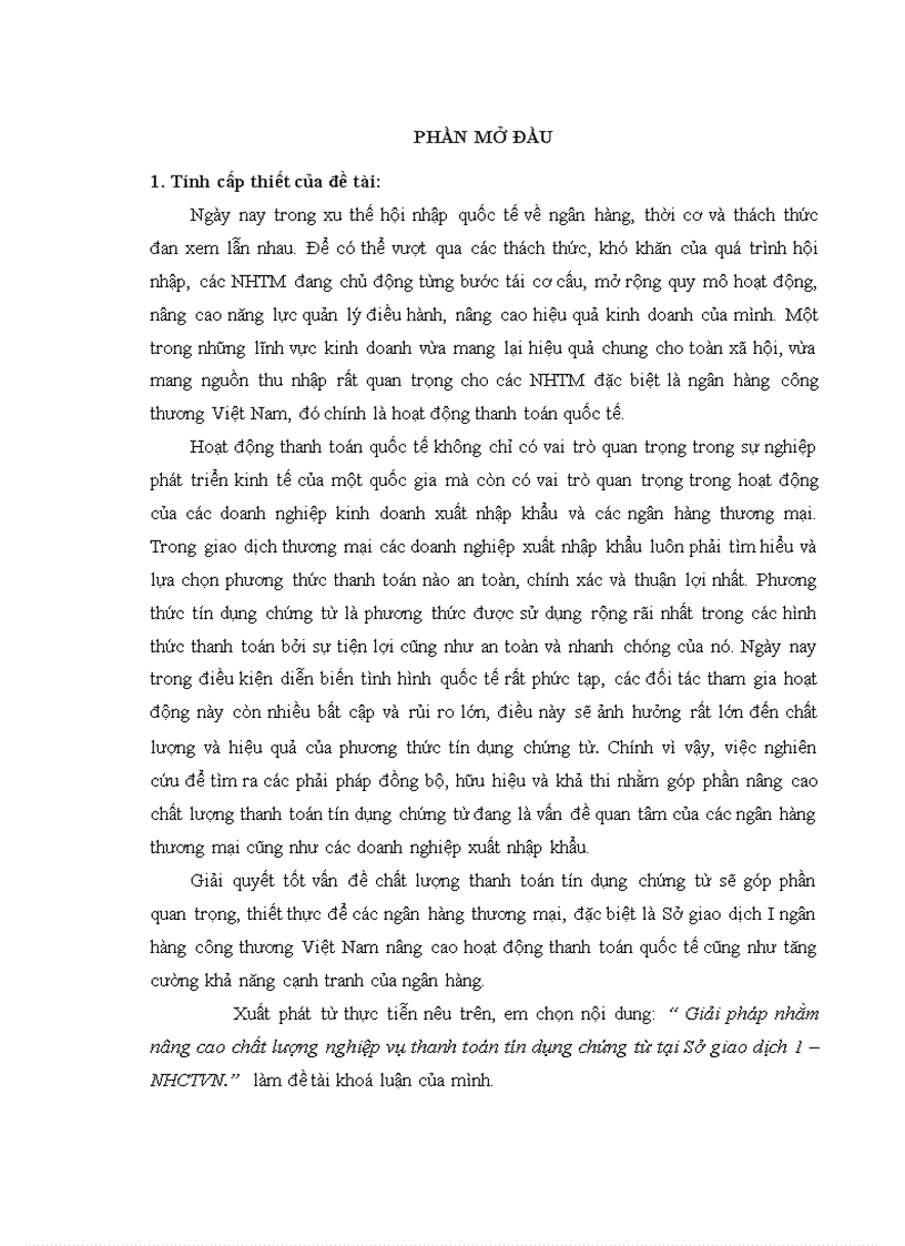 Giải pháp nhằm nâng cao chất lượng nghiệp vụ thanh toán tín dụng chứng từ tại Sở giao dịch 1 – NHCTVN.