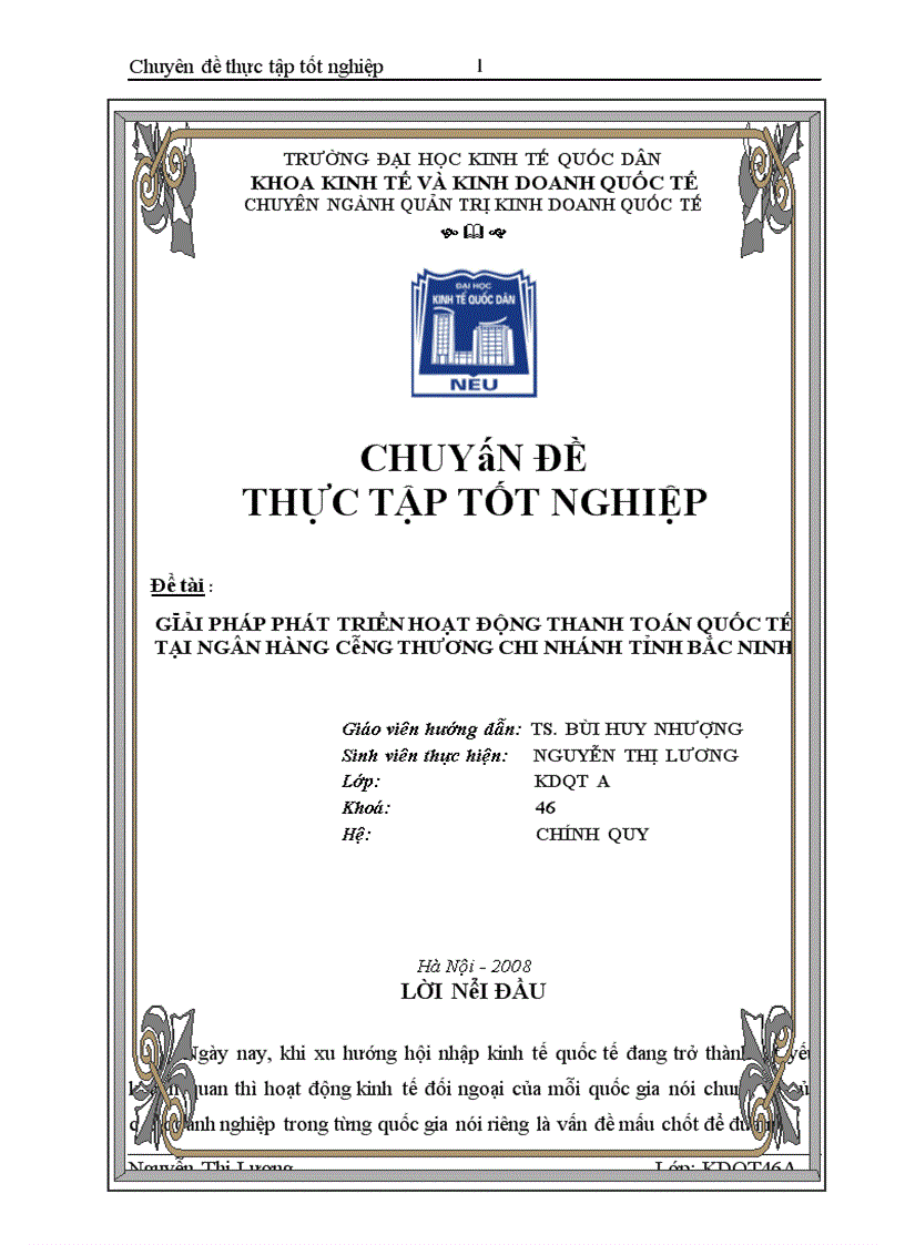 Giải pháp phát triển hoạt động thanh toán quốc tế tại ngân hàng công thương chi nhánh tỉnh Bắc Ninh