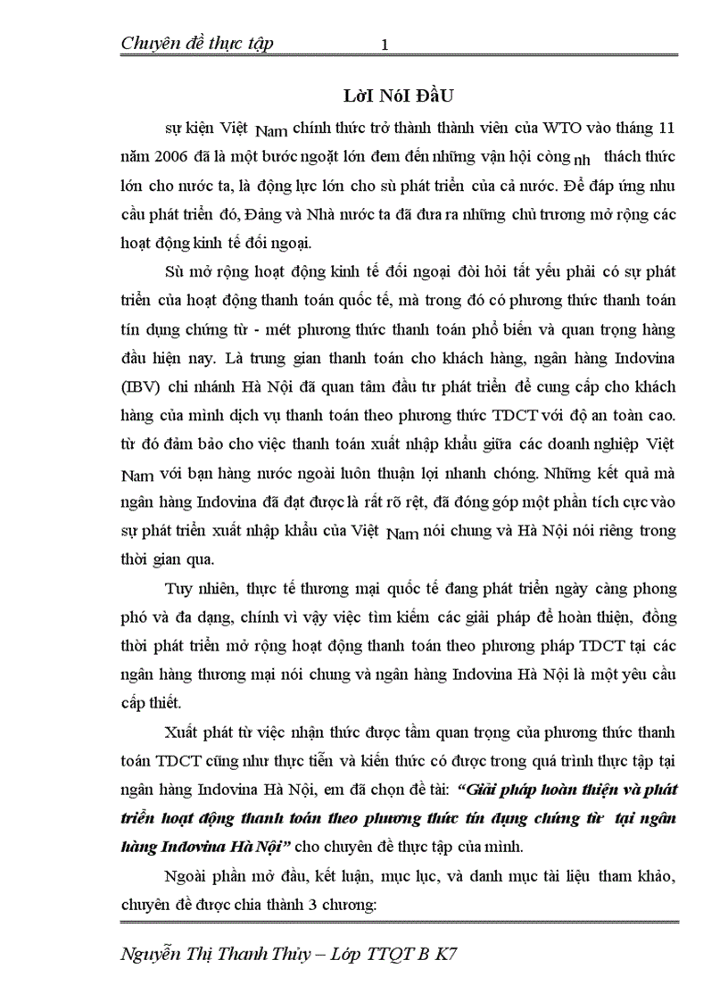 Giải pháp hoàn thiện và phát triển hoạt động thanh toán theo phương thức tín dụng chứng từ tại ngân hàng Indovina Hà Nội
