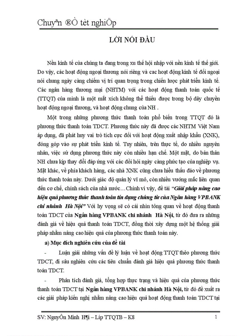 Giải pháp nâng cao hiệu quả phương thức thanh toán tín dụng chứng từ của Ngân hàng VPBANK chi nhánh Hà Nội