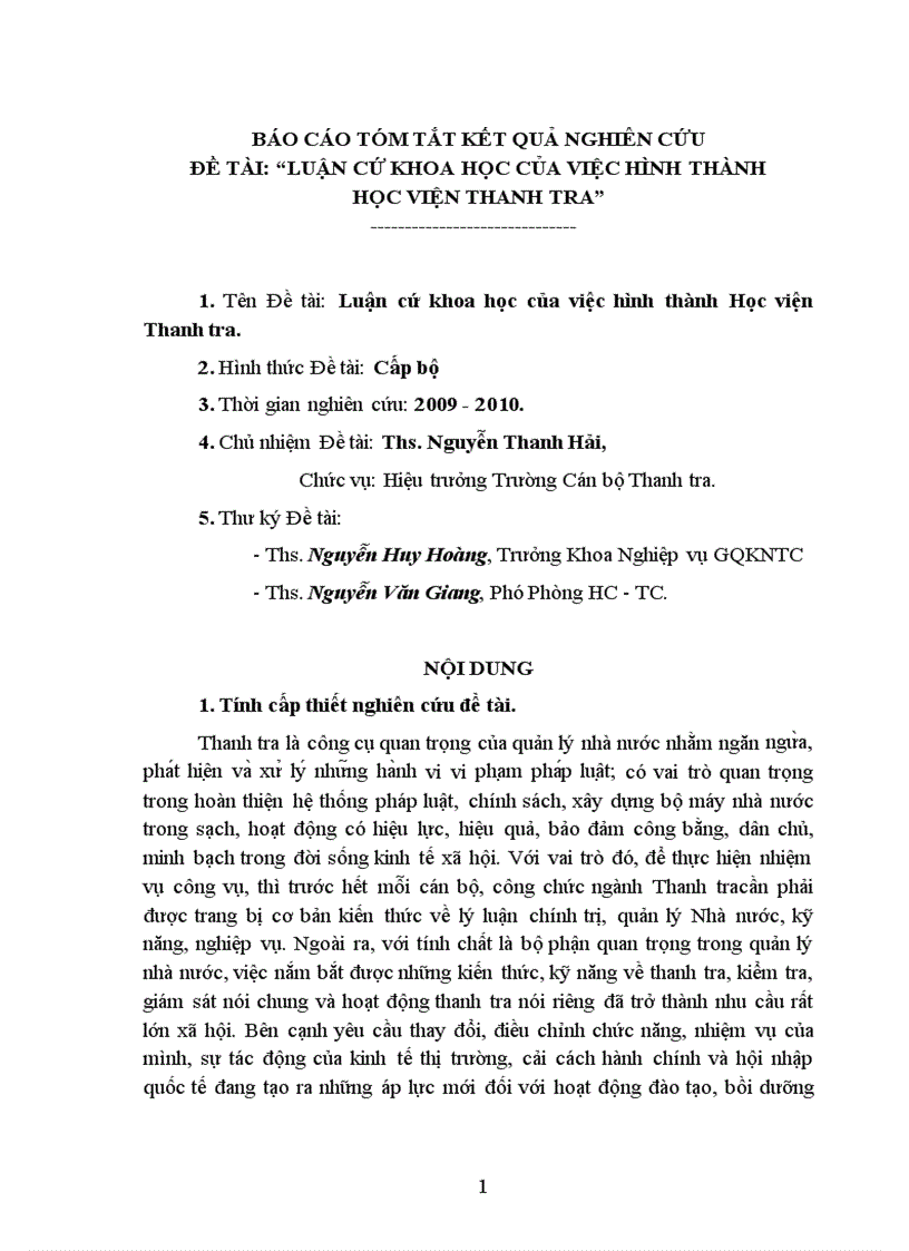 Luận cứ khoa học của việc hình thành Học viện Thanh tra