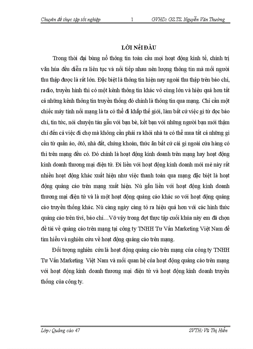 Thực trạng về hoạt động kinh doanh và hoạt động quảng cáo trên mạng của công ty TNHH Tư Vấn Marketing Việt Nam