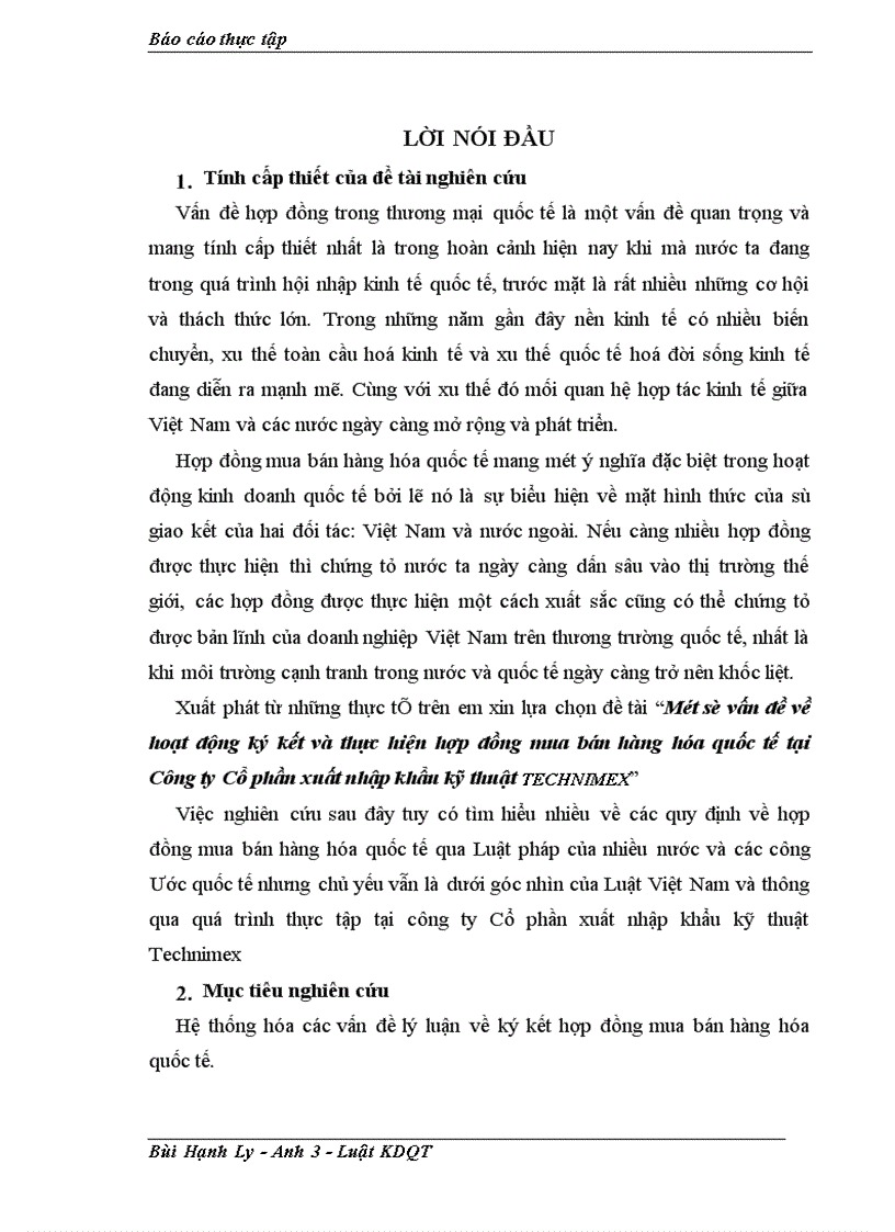 Một số vấn đề về hoạt động ký kết và thực hiện hợp đồng mua bán hàng hóa quốc tế tại Công ty Cổ phần xuất nhập khẩu kỹ thuật technimex