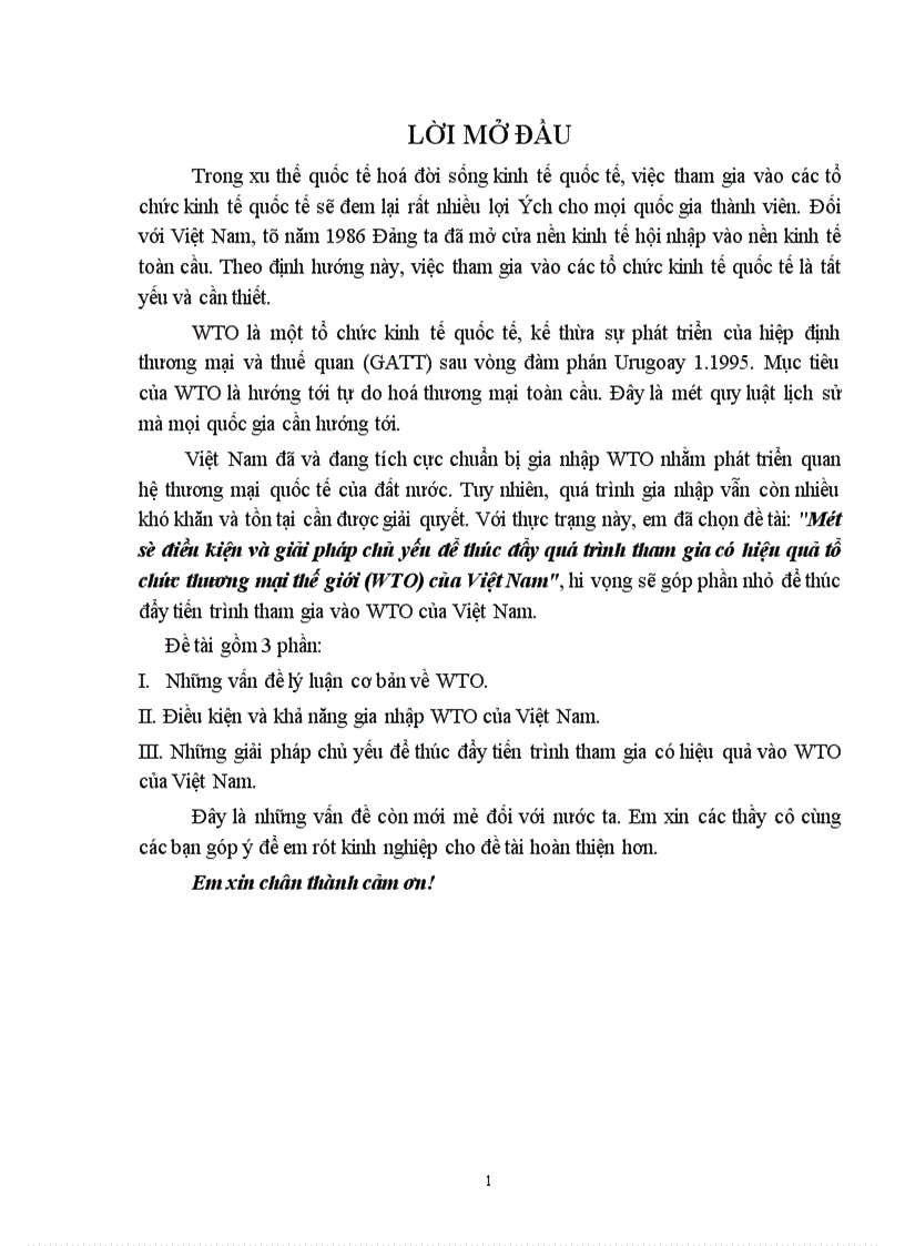 Một số điều kiện và giải pháp chủ yếu để thúc đẩy quá trình tham gia có hiệu quả tổ chức thương mại thế giới WTO của Việt Nam 1