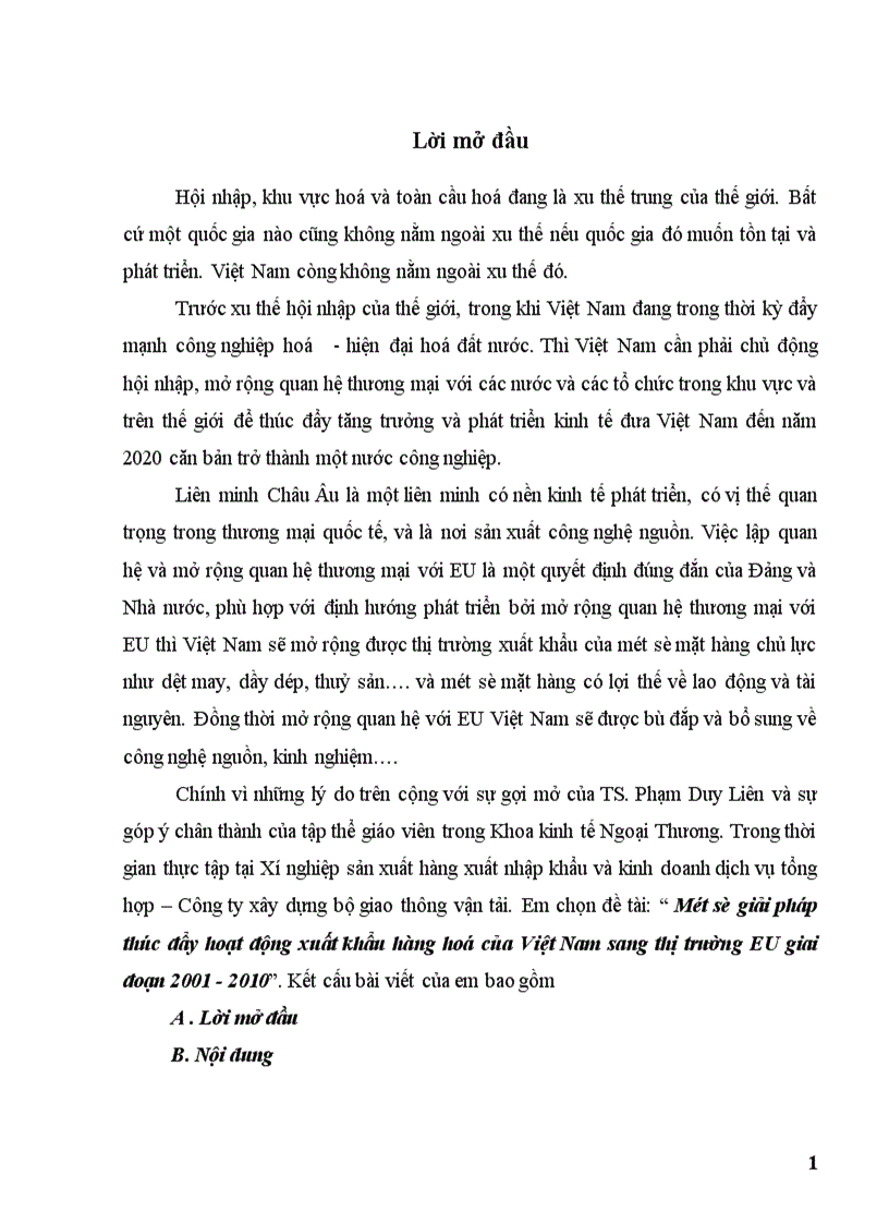 Một số giải pháp thúc đẩy hoạt động xuất khẩu hàng hoá của Việt Nam sang thị trường EU giai đoạn 2001 2010