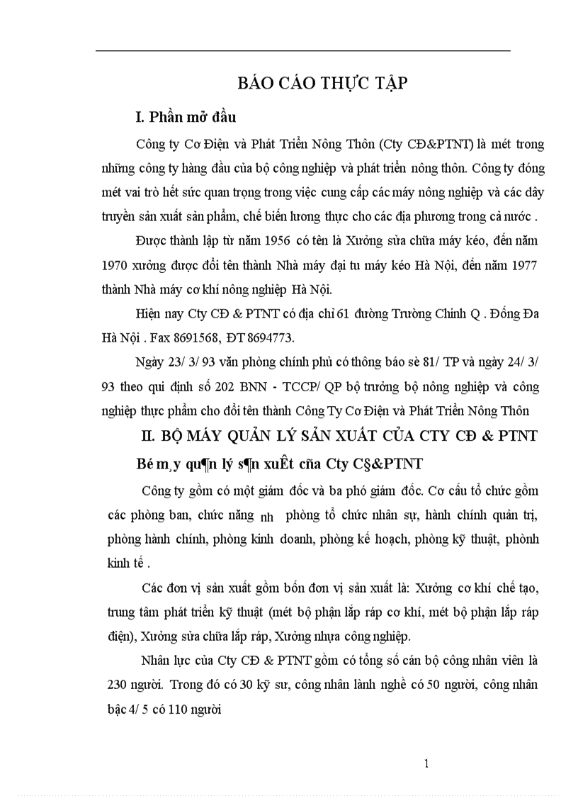 Báo cáo thực tập tổng hợp tại Công ty Cơ Điện và Phát Triển Nông Thôn