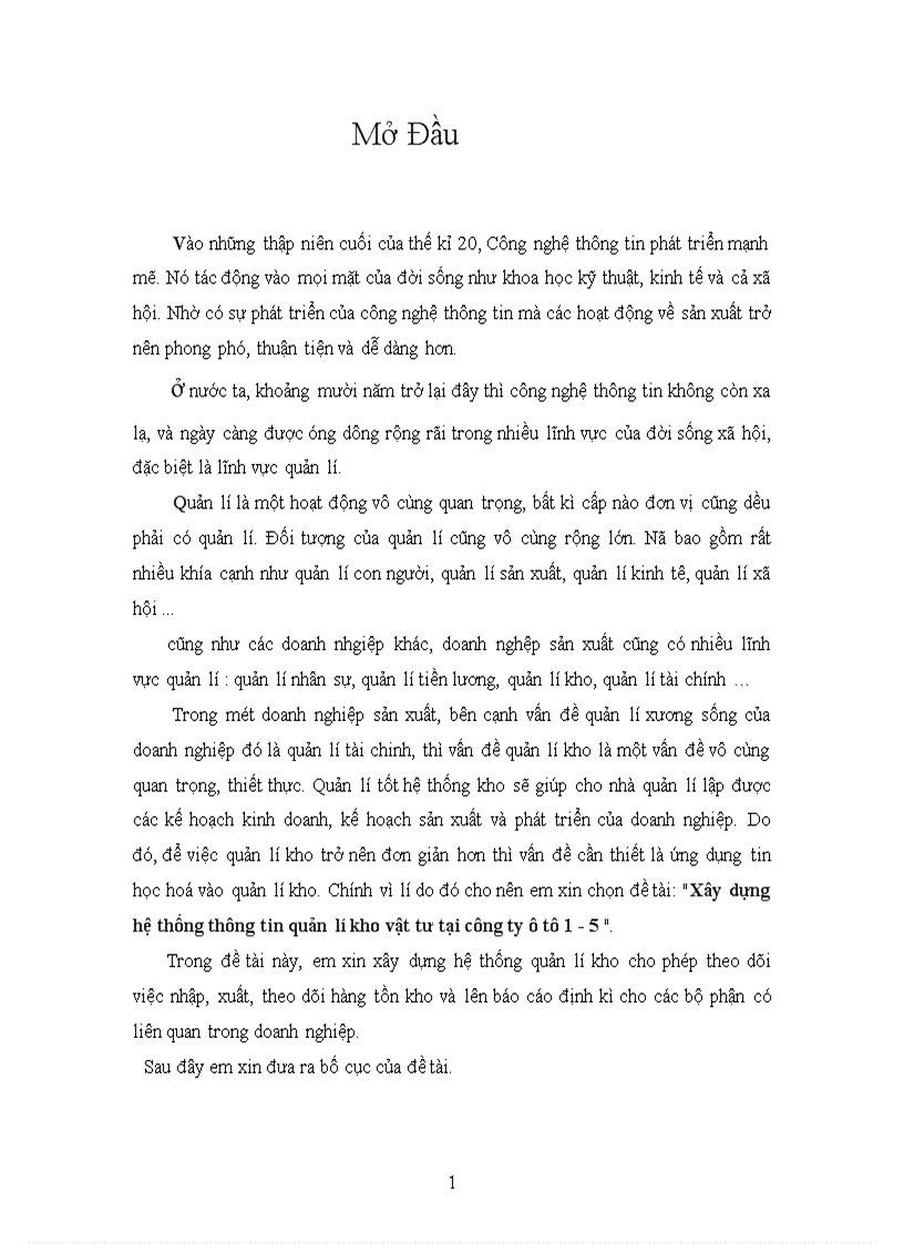 Xây dựng hệ thống thông tin quản lí kho vật tư tại công ty ô tô 1 5 1