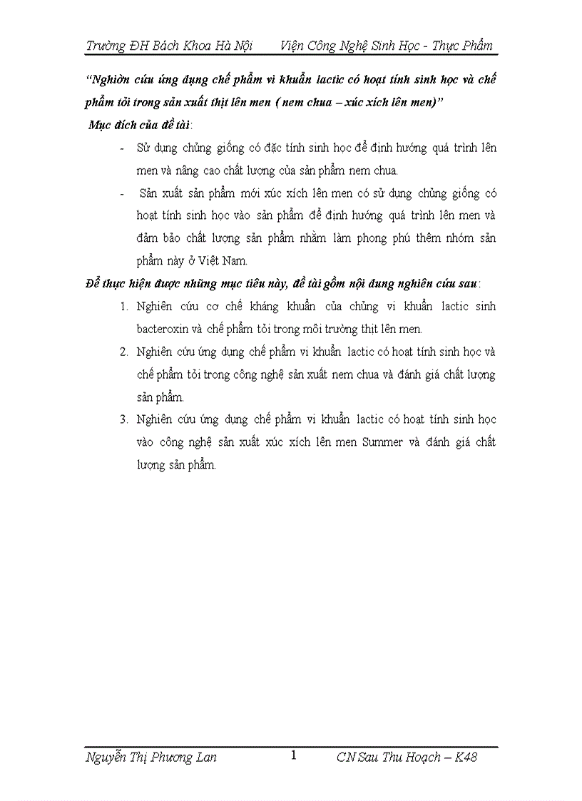 Nghiên cứu ứng dụng chế phẩm vi khuẩn lactic có hoạt tính sinh học và chế phẩm tỏi trong sản xuất thịt lên men nem chua xúc xích lên men 1