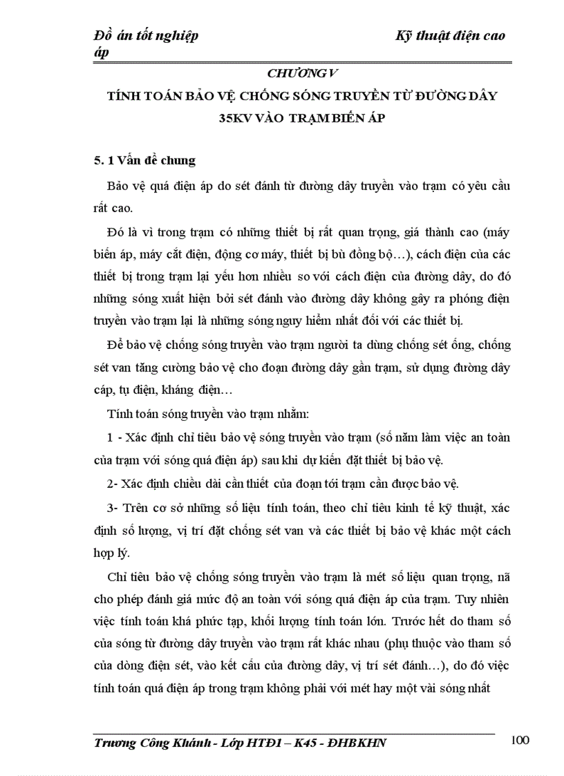tính toán bảo vệ chống sóng truyền từ đường dây 35kv vào trạm biến áp