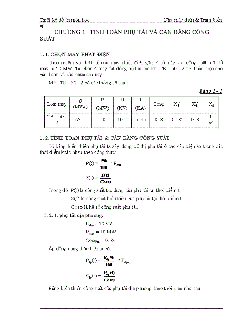 Thiết kế môn học Nhà máy điện Trạm biến áp 1