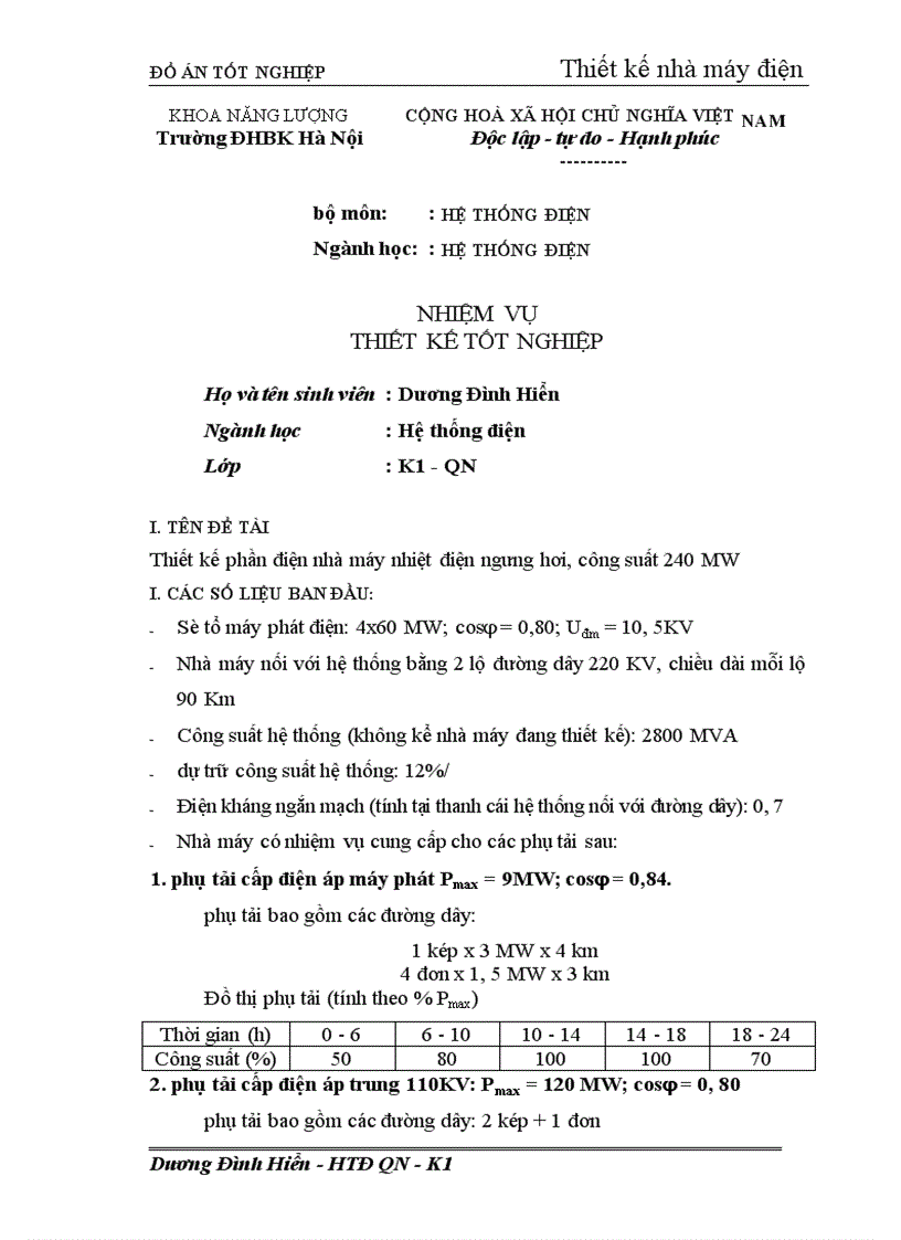 Thiết kế phần điện nhà máy nhiệt điện ngưng hơi công suất 240 MW