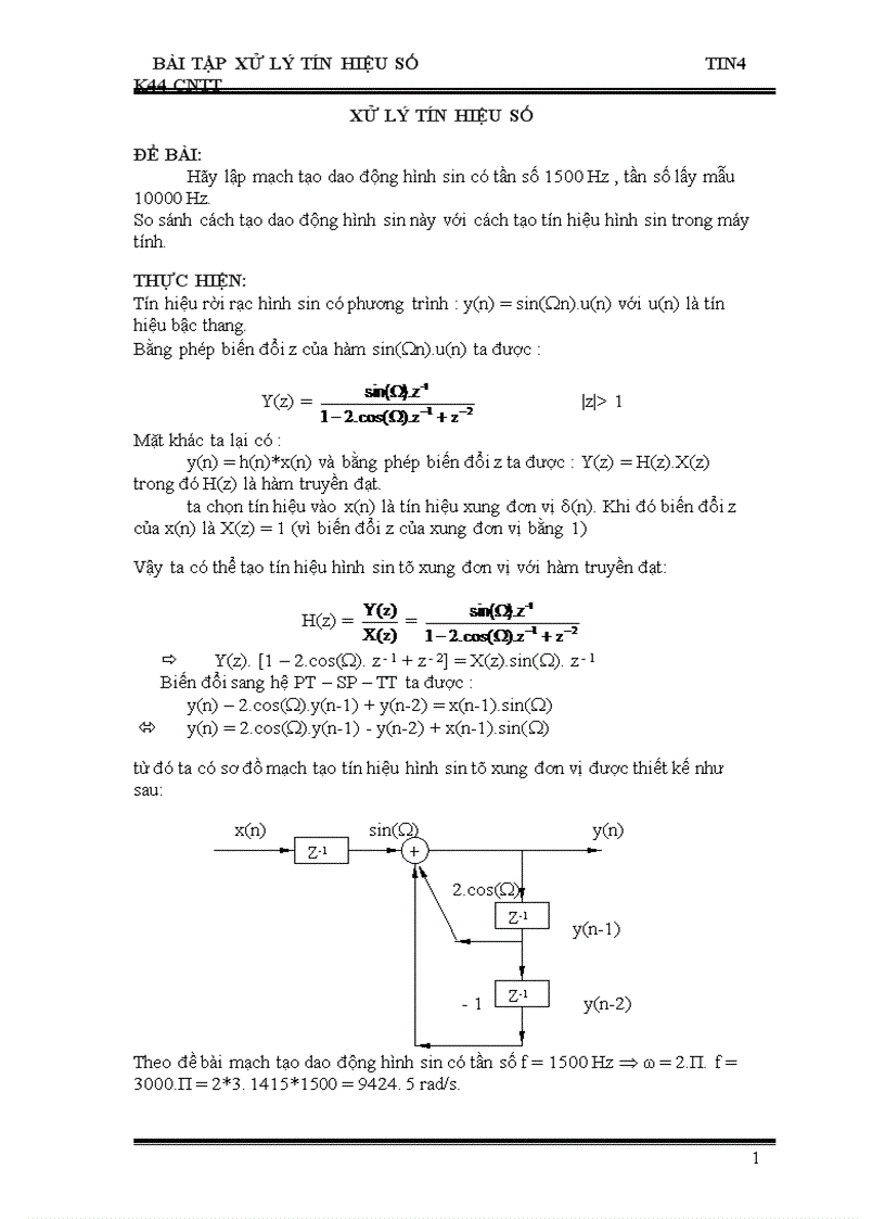 BàI tập Xử lý tín hiệu số Tin