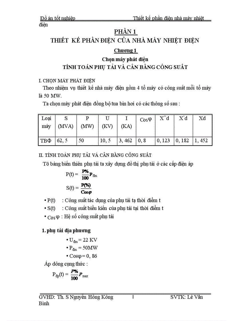 Thiết kế phần điện nhà máy nhiệt điện 1