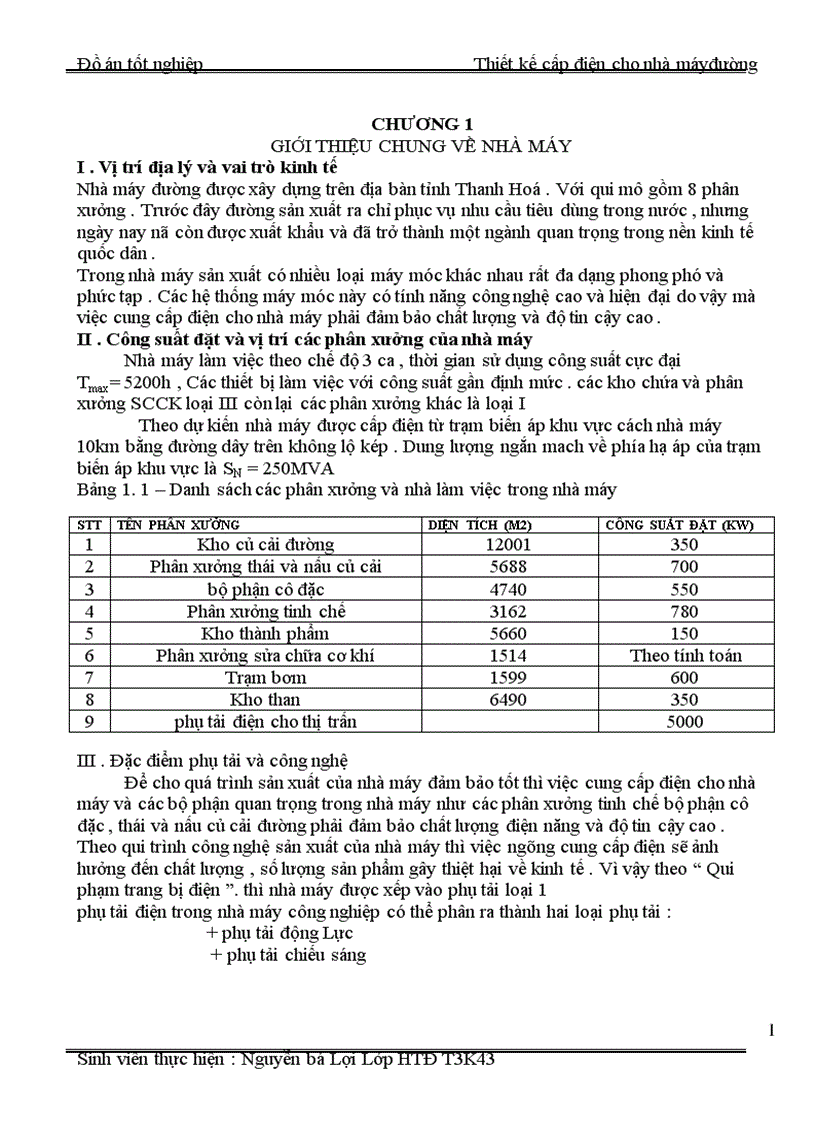 Thiết kế cấp điện cho nhà máy đường 1