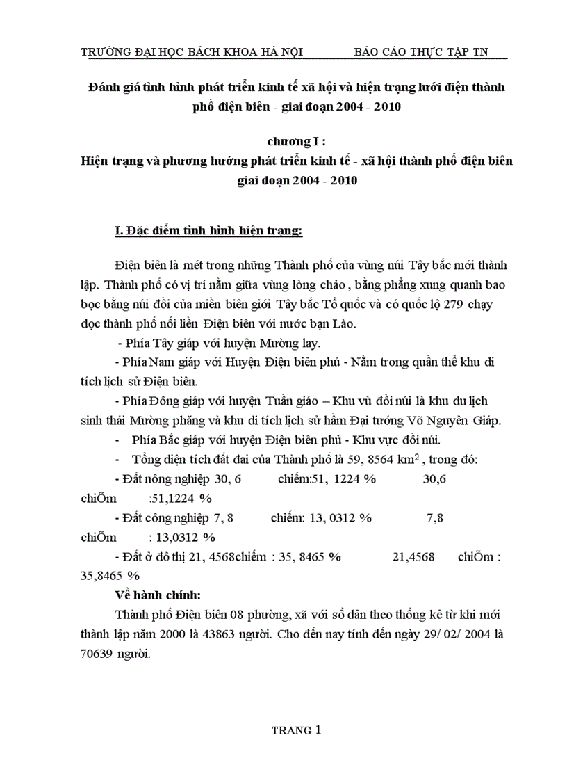 Đánh giá tình hình phát triển kinh tế xã hội và hiện trạng lưới điện thành phố Điện Biên giai đoạn 2004 2010