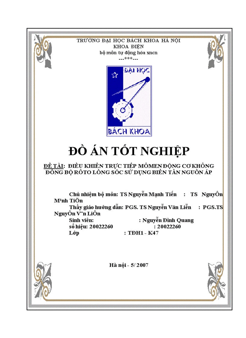 điều khiển trực tiếp mômen động cơ không đồng bộ rôto lồng sóc sử dụng biến tần nguồn áp Chủ nhiệm bộ môn