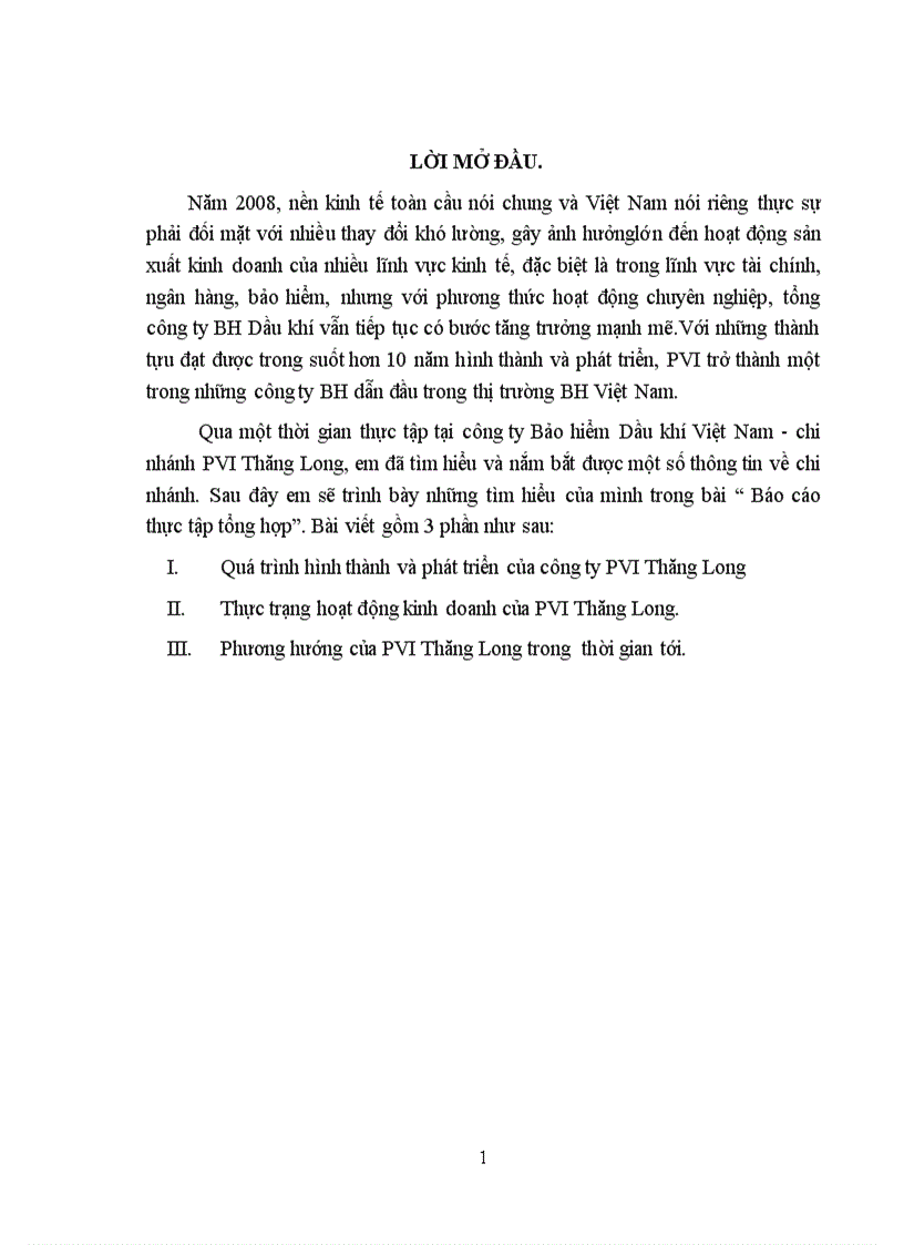 Báo cáo thực tập tổng hợp tại công ty Bảo hiểm Dầu khí Việt Nam - chi nhánh PVI Thăng Long