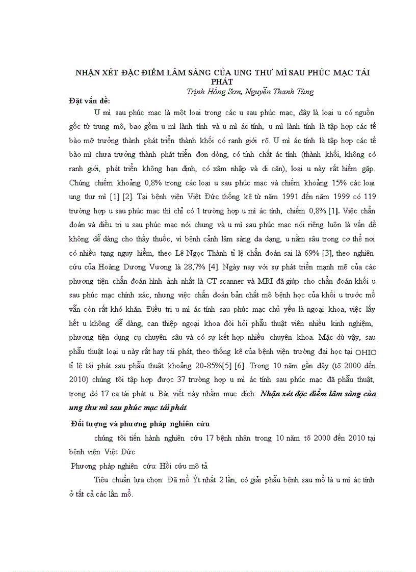 Nhận xét đặc điểm lâm sàng của ung thư mỡ sau phúc mạc tái phát