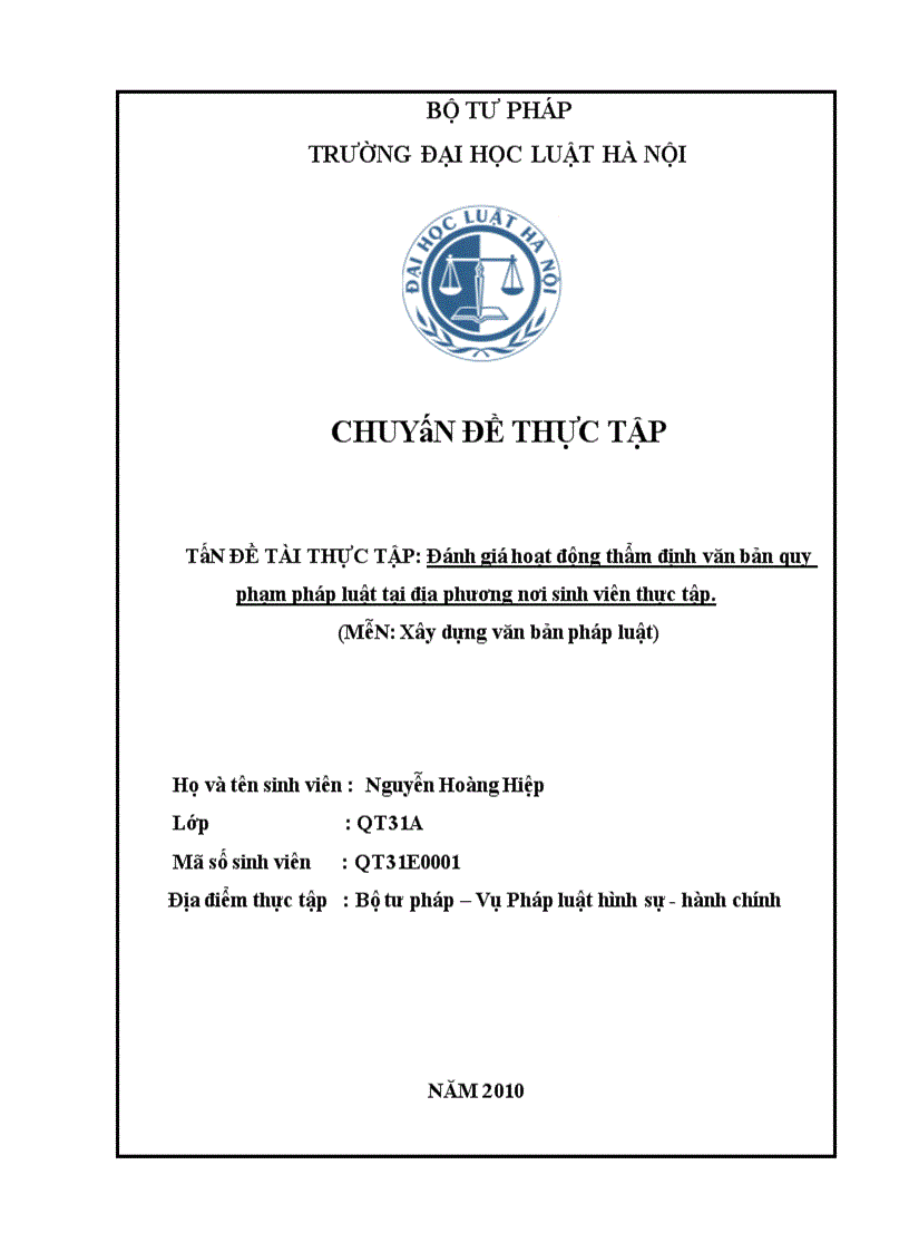 Đánh giá hoạt động thẩm định văn bản quy phạm pháp luật tại địa phương nơi sinh viên thực tập