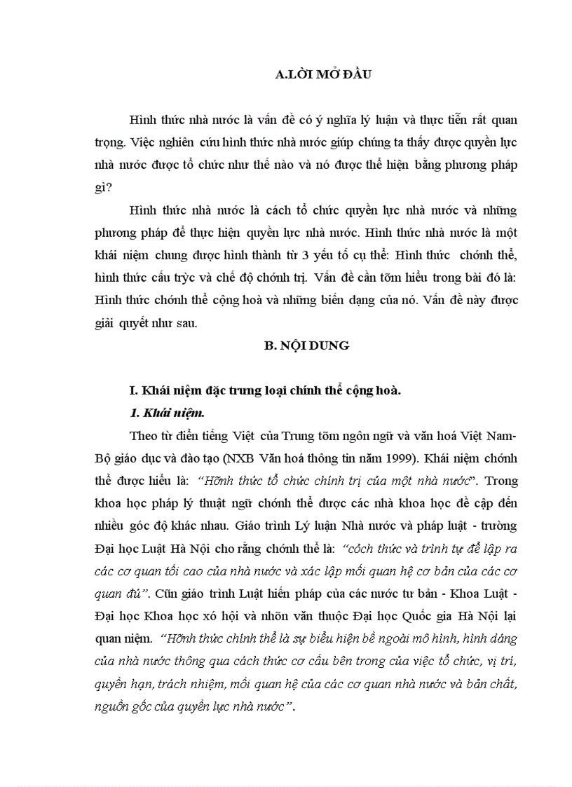 Hình thức chính thể cộng hoà và những biến dạng của nó