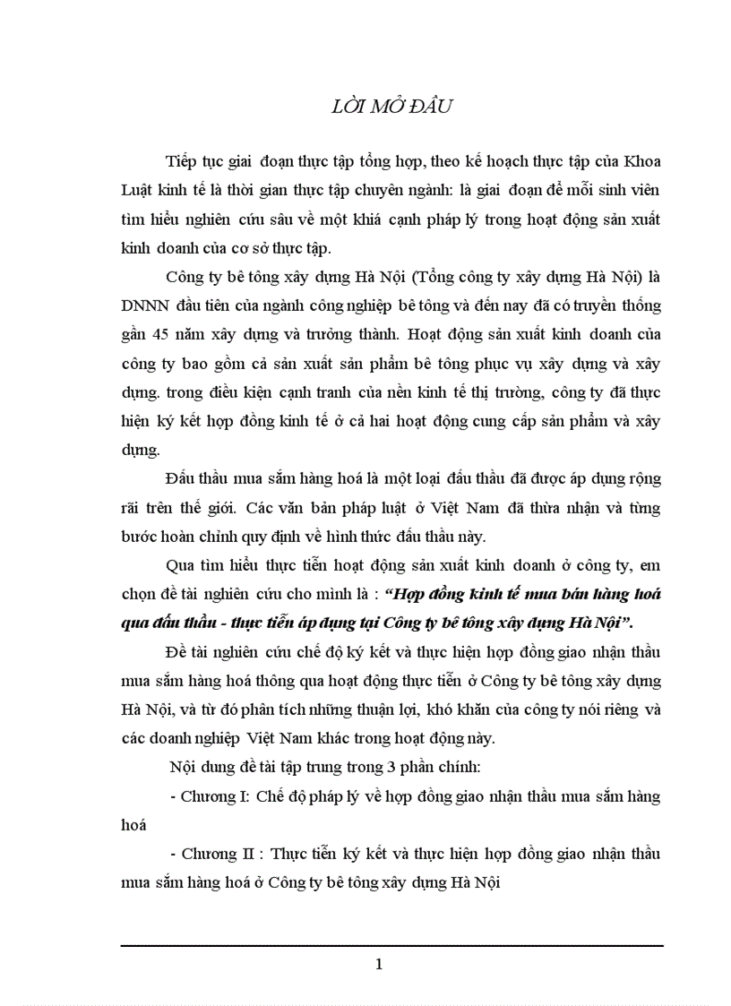 Thực tiễn ký kết và thực hiện hợp đồng giao nhận thầu mua sắm hàng hoá ở Công ty bê tông xây dựng Hà Nội