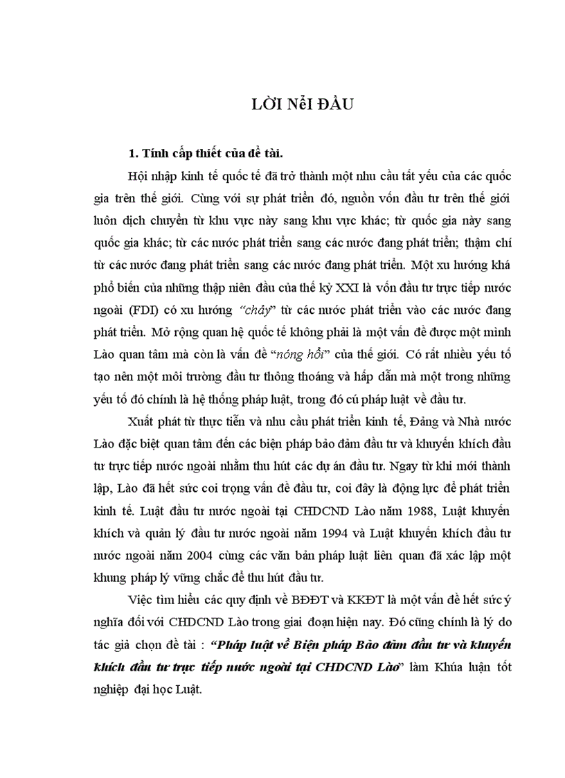 Pháp luật về Biện pháp Bảo đảm đầu tư và khuyến khích đầu tư trực tiếp nước ngoài tại CHDCND Lào 1