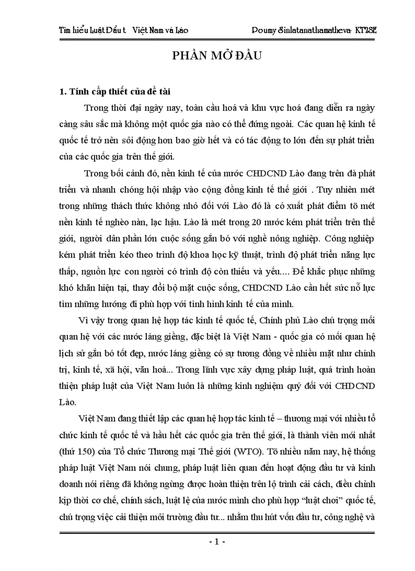 Tìm hiểu pháp luật đầu tư của Việt Nam trong sự so sánh với pháp luật đầu tư của Lào 1