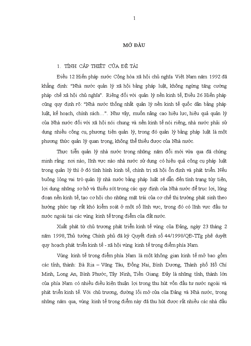 Quản lý nhà nước bằng pháp luật trong lĩnh vực đầu tư nước ngoài tại vùng kinh tế trọng điểm phía Nam Việt Nam 1