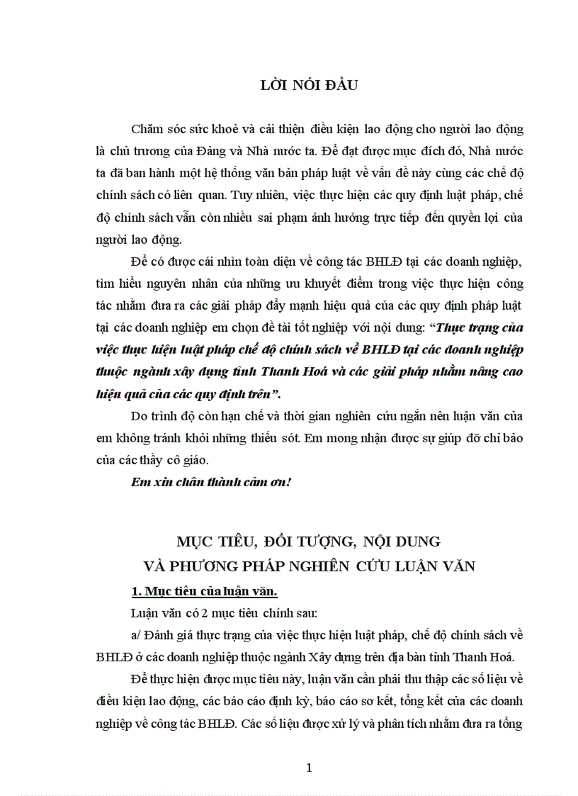 Thực trạng của việc thực hiện luật pháp chế độ chính sách về BHLĐ tại các doanh nghiệp thuộc ngành xây dựng tỉnh Thanh Hoá và các giải pháp nhằm nâng cao hiệu quả của các quy định trên