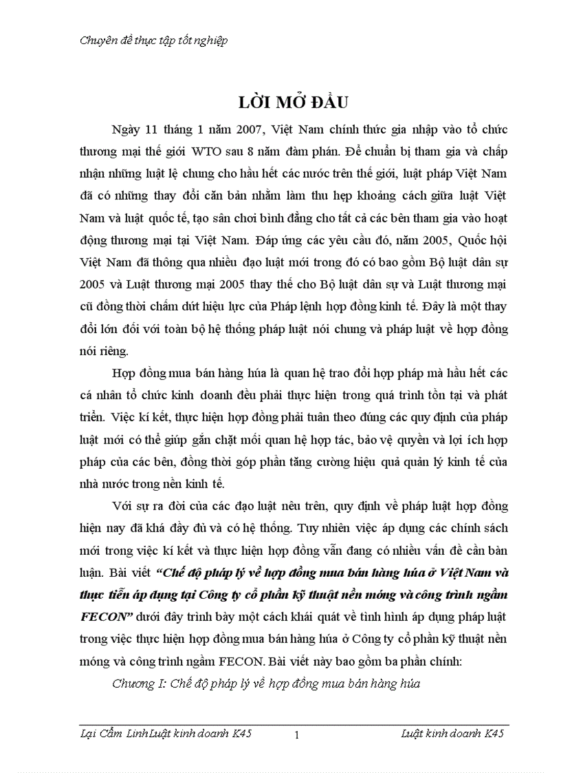 Chế độ pháp lý về hợp đồng mua bán hàng hóa ở Việt Nam và thực tiễn áp dụng tại Công ty cổ phần kỹ thuật nền móng và công trình ngầm FECON