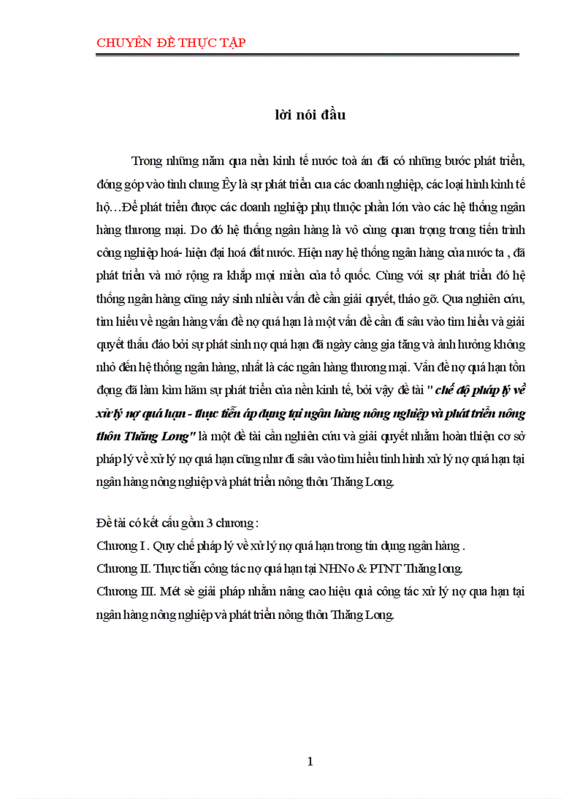 chế độ pháp lý về xử lý nợ quá hạn thực tiễn áp dụng tại ngân hàng nông nghiệp và phát triển nông thôn Thăng Long 1