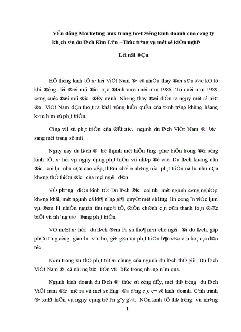 Vận dụng Marketing -mix trong hoạt động kinh doanh của công ty khách sạn du lịch Kim Liên-Thực trạng và một số kiến nghị