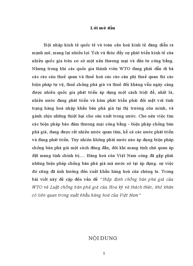 Hiệp định chống bán phá giá của WTO và Luật chống bán phá giá của Hoa kỳ và thách thức khó khăn có liên quan trong xuất khẩu hàng hoá của Việt Nam