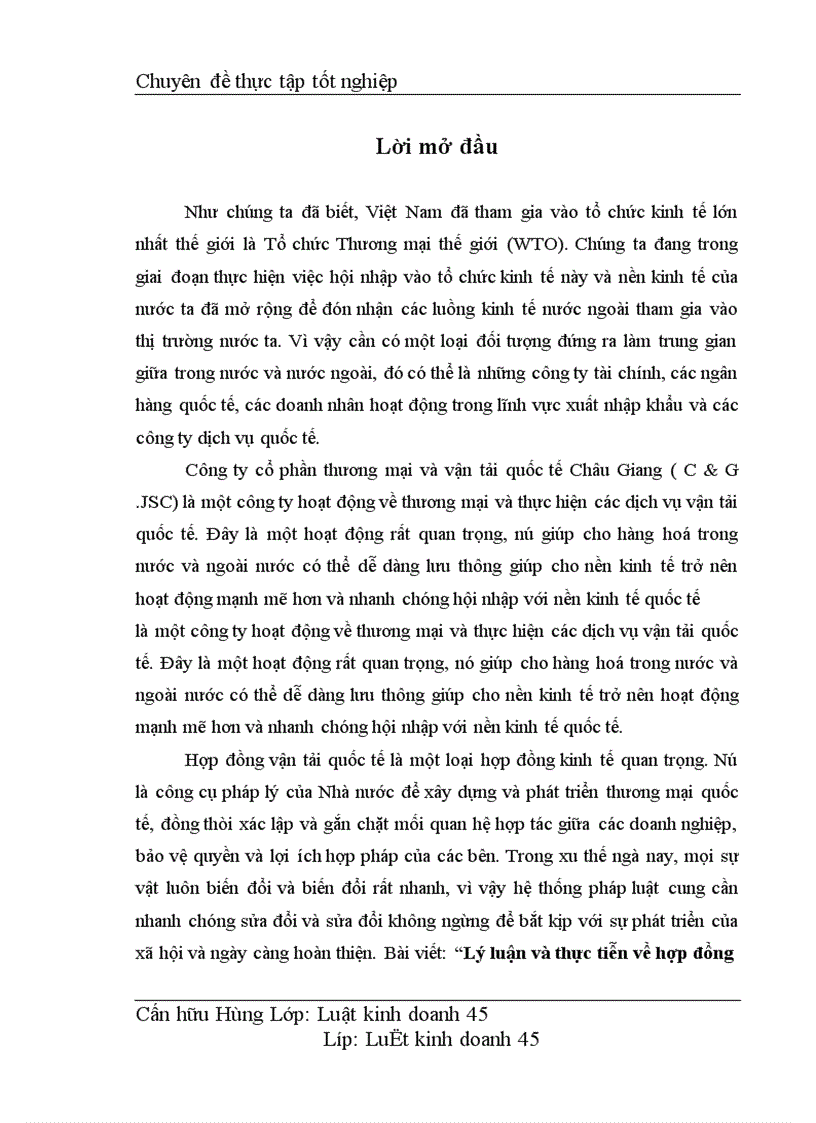 Lý luận và thực tiễn về hợp đồng vận tải quốc tế tại công ty vận tải quốc tế Châu Giang 1