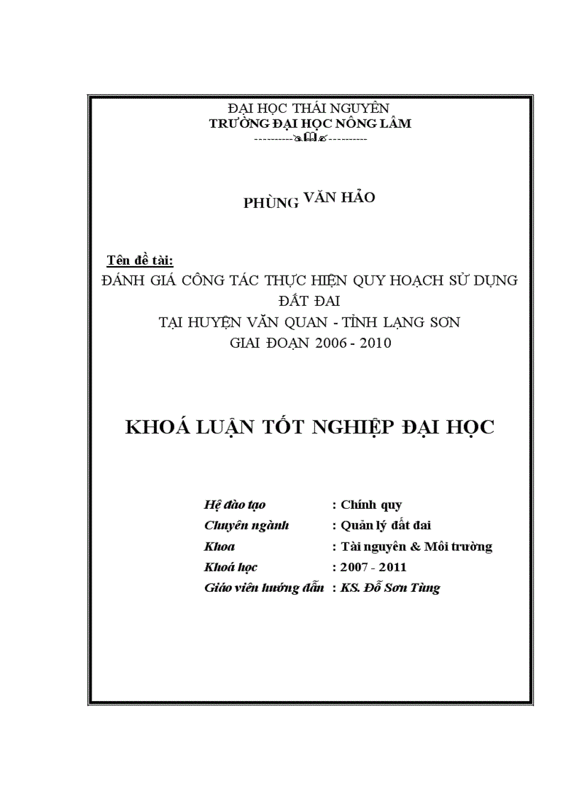 Đánh giá công tác thực hiện quy hoạch sử dụng đất của huyện Văn Quan tỉnh Lạng Sơn giai đoạn 2006 2010