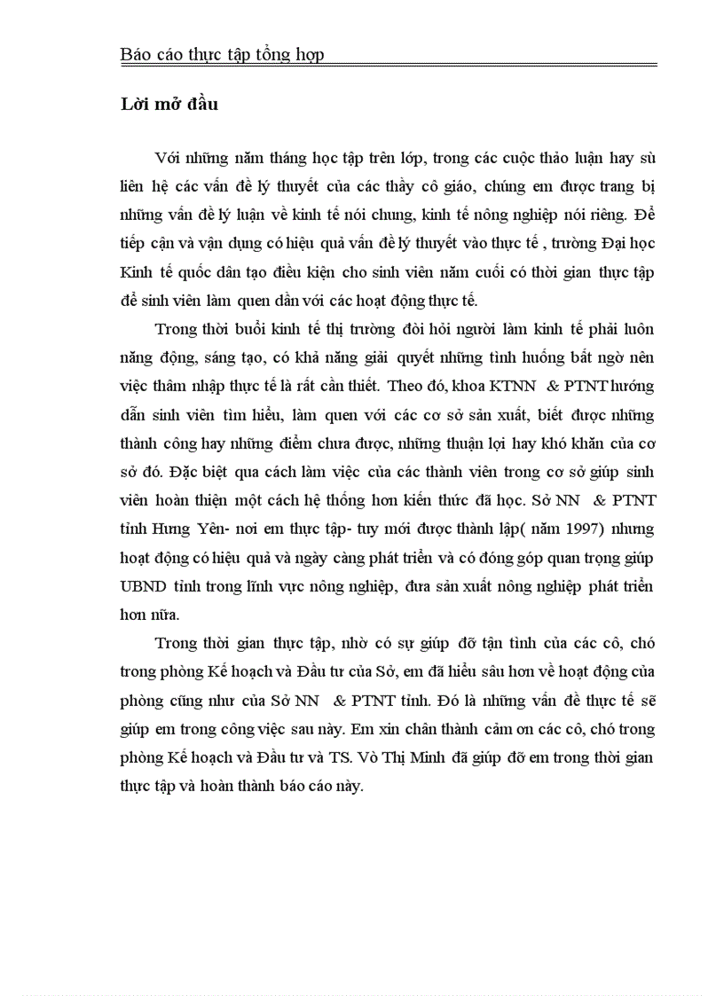 Báo cáo thực tập tổng hợp tại Sở nông nghiệp và phát triển nông thôn NN PTNT tỉnh Hưng Yên