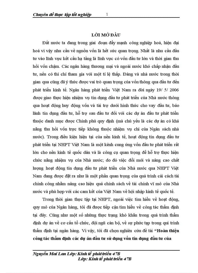 Hoàn thiện công tác thẩm định các dự án đầu tư sử dụng vốn tín dụng đầu tư của Nhà nước tại Ngân hàng phát triển Việt Nam
