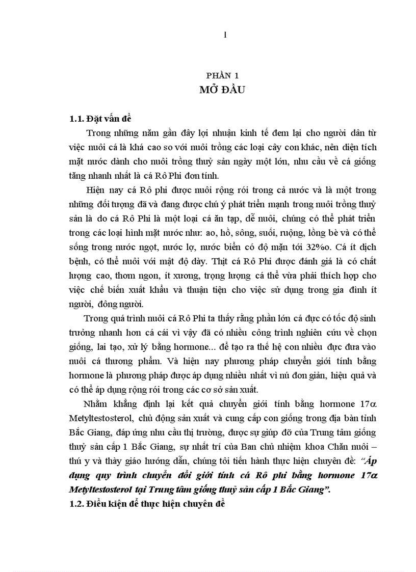 áp dụng quy trình chuyển đổi giới tính cá Rô phi bằng hormone 17a Metyltestosterol tại Trung tâm giống thuỷ sản cấp 1 Bắc Giang chuyên đề tốt nghiệp đại học Hệ đào tạo