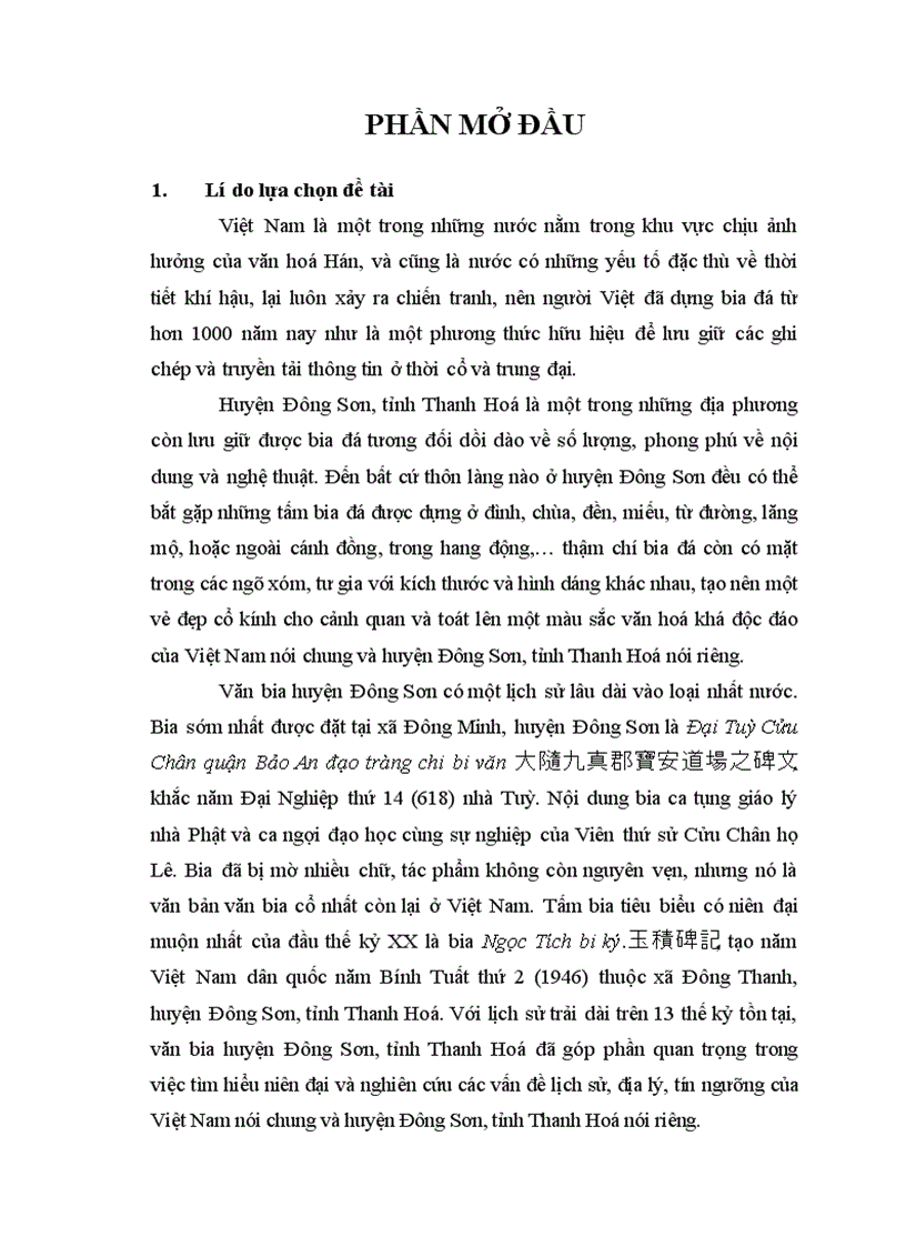 Nghiên cứu văn bia huyện Đông Sơn, tỉnh Thanh Hoá làm đề tài Luận văn Thạc sĩ Ngữ văn - chuyên ngành Hán Nôm