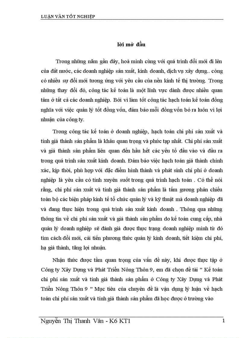 Kế toán chi phí sản xuất và tính giá thành sản phẩm ở Công ty Xây Dựng và Phát Triển Nông Thôn 9 1