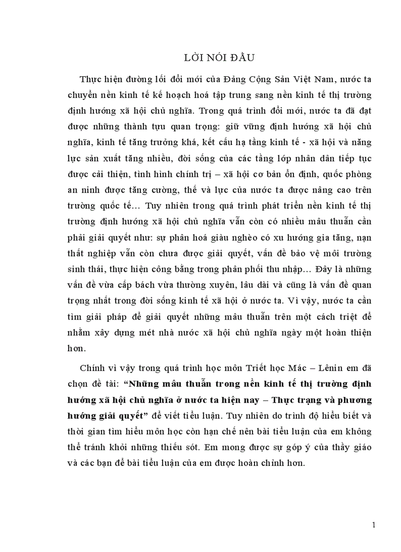 Những mâu thuẫn trong nền kinh tế thị trường định hướng xã hội chủ nghĩa ở nước ta hiện nay Thực trạng và phương hướng giải quyết 1