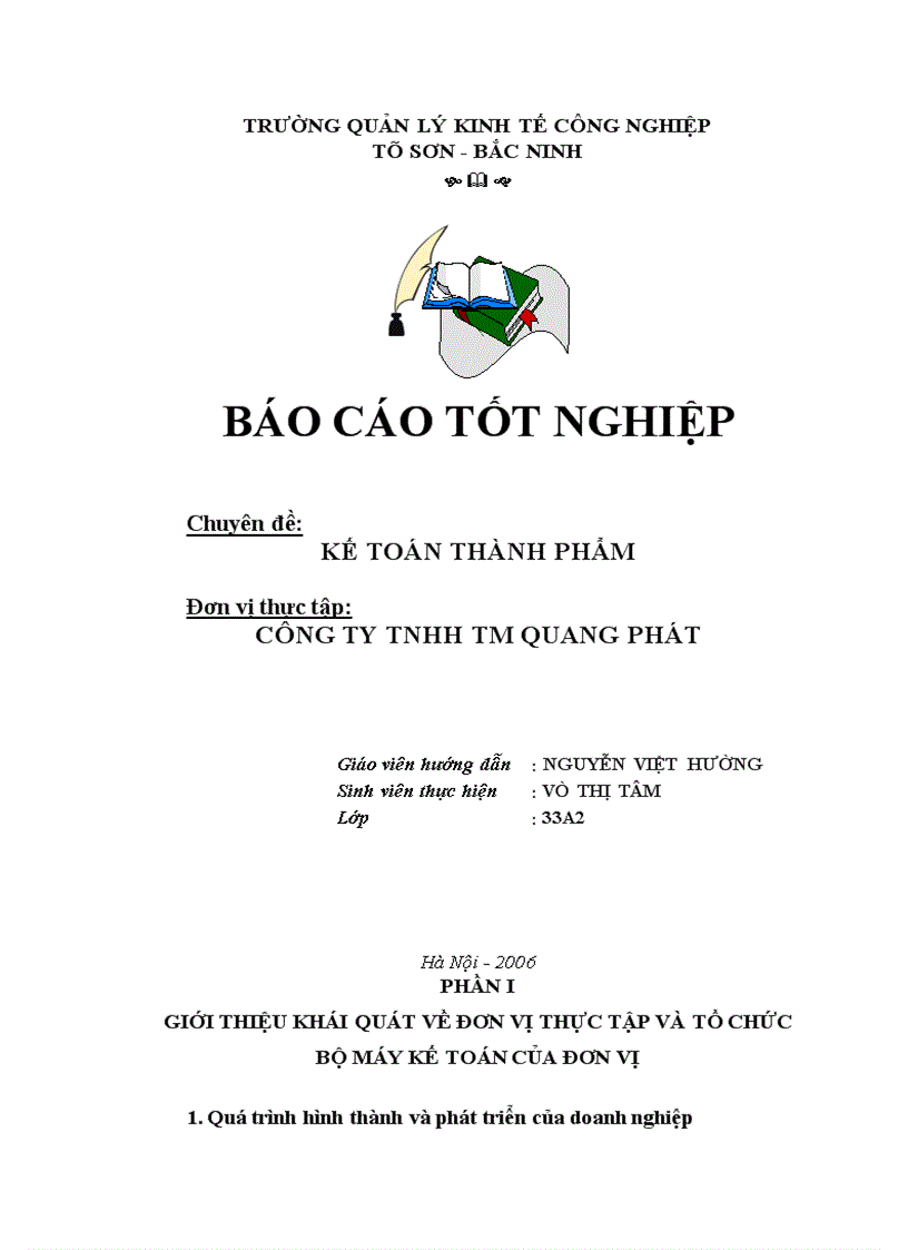 Kế toán thành phẩm Đơn vị thực tập