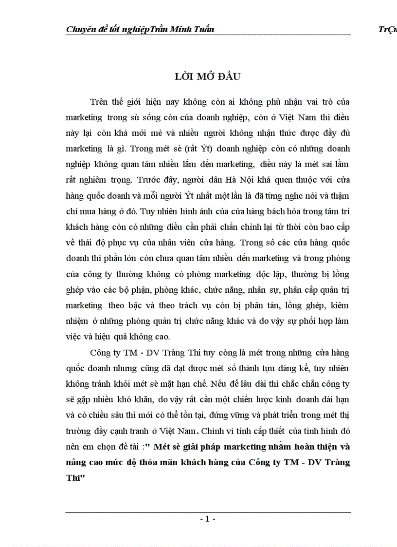 Một số giải pháp marketing nhằm hoàn thiện và nâng cao mức độ thỏa mãn khách hàng của Công ty TM DV Tràng Thi