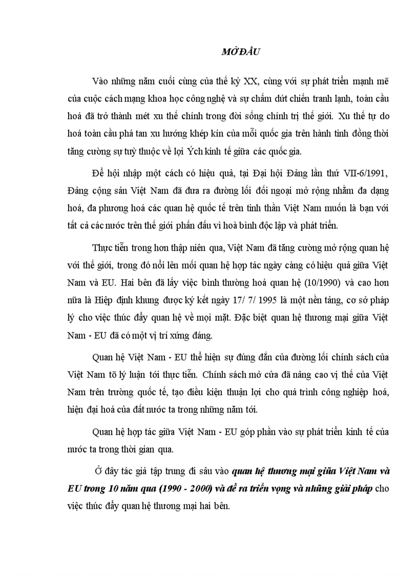 quan hệ thương mại giữa Việt Nam và EU trong 10 năm qua 1990 2000 triển vọng và những giải pháp