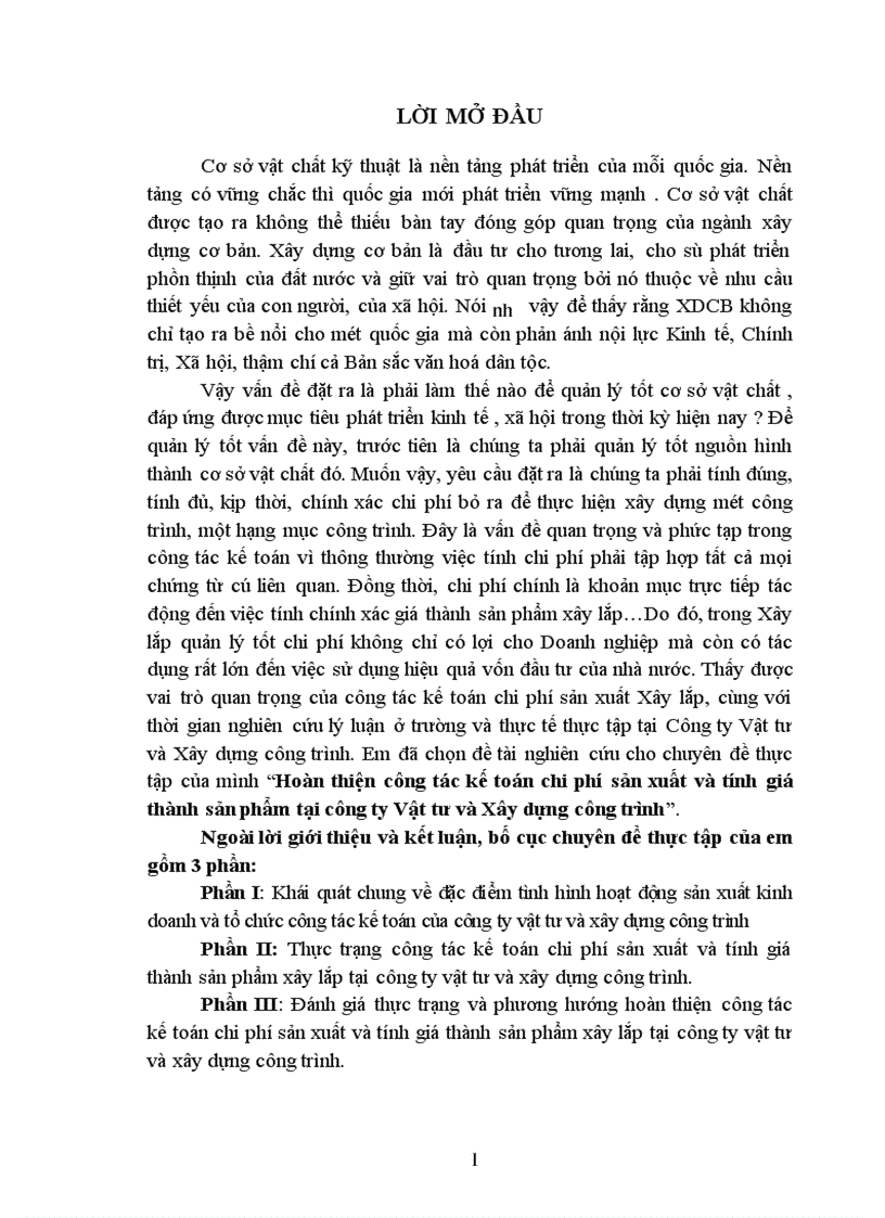 Hoàn thiện công tác kế toán chi phí sản xuất và tính giá thành sản phẩm tại công ty Vật tư và Xây dựng công trình 1